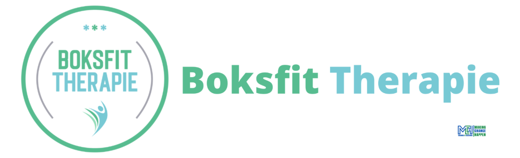 Logo van Boksfit Therapie. Met blauw en groen met witte achtergrond